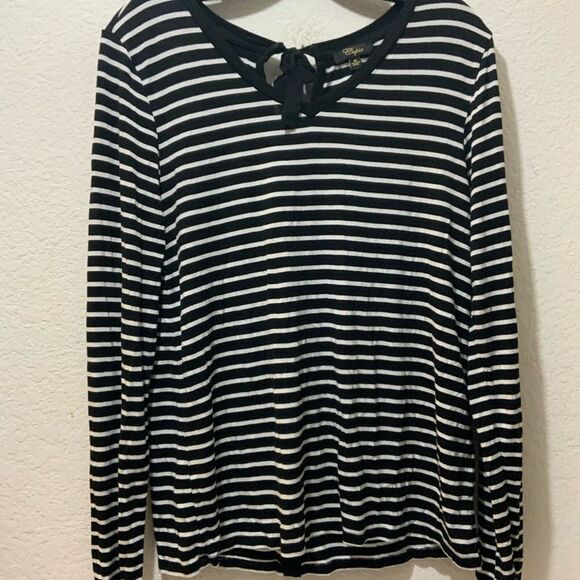 Cupio Black with White Stripes Knit Tee long sleeves size M back ties accents - Picture 3 of 8